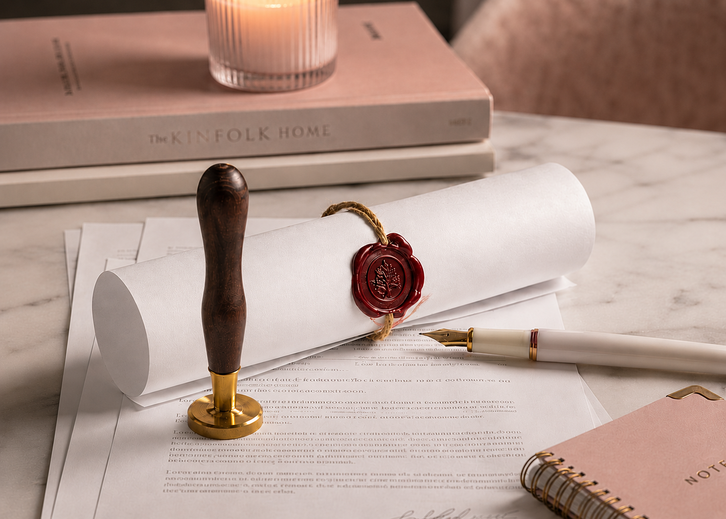 Professional notary services with wax seal and documents